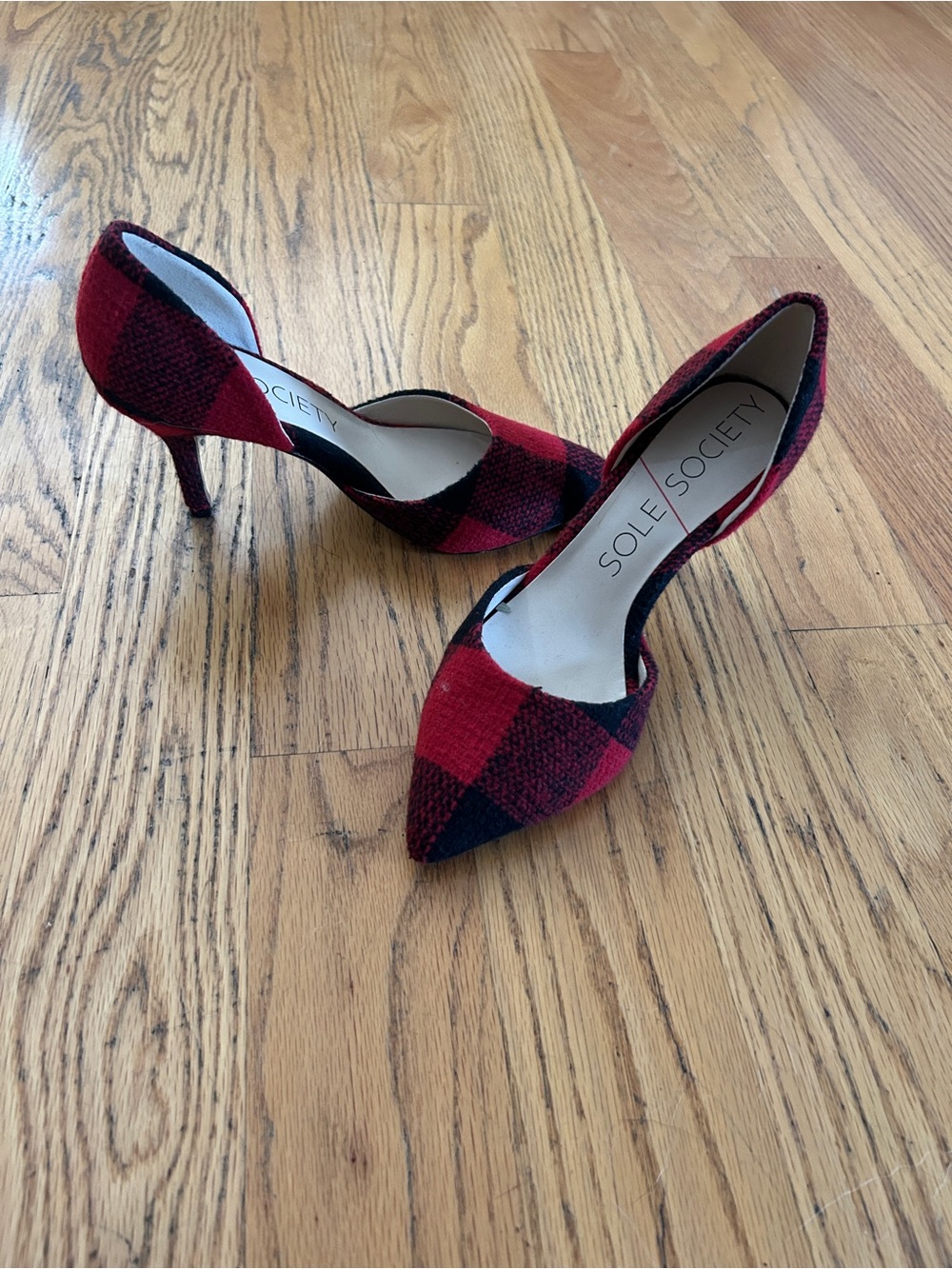 Sole Society Red and Black Plaid Pointed D'Orsay Pumps
